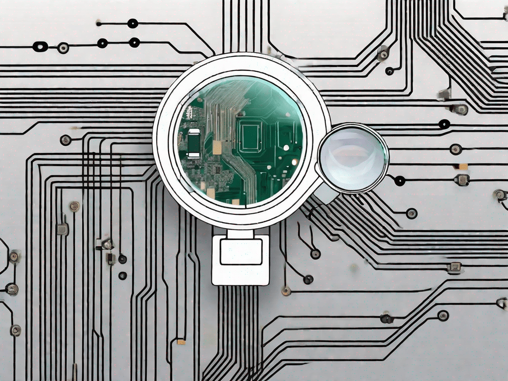 A computer circuit board with a magnifying glass hovering over it