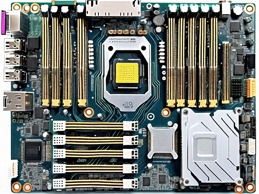 A computer motherboard with highlighted i/o ports and addresses