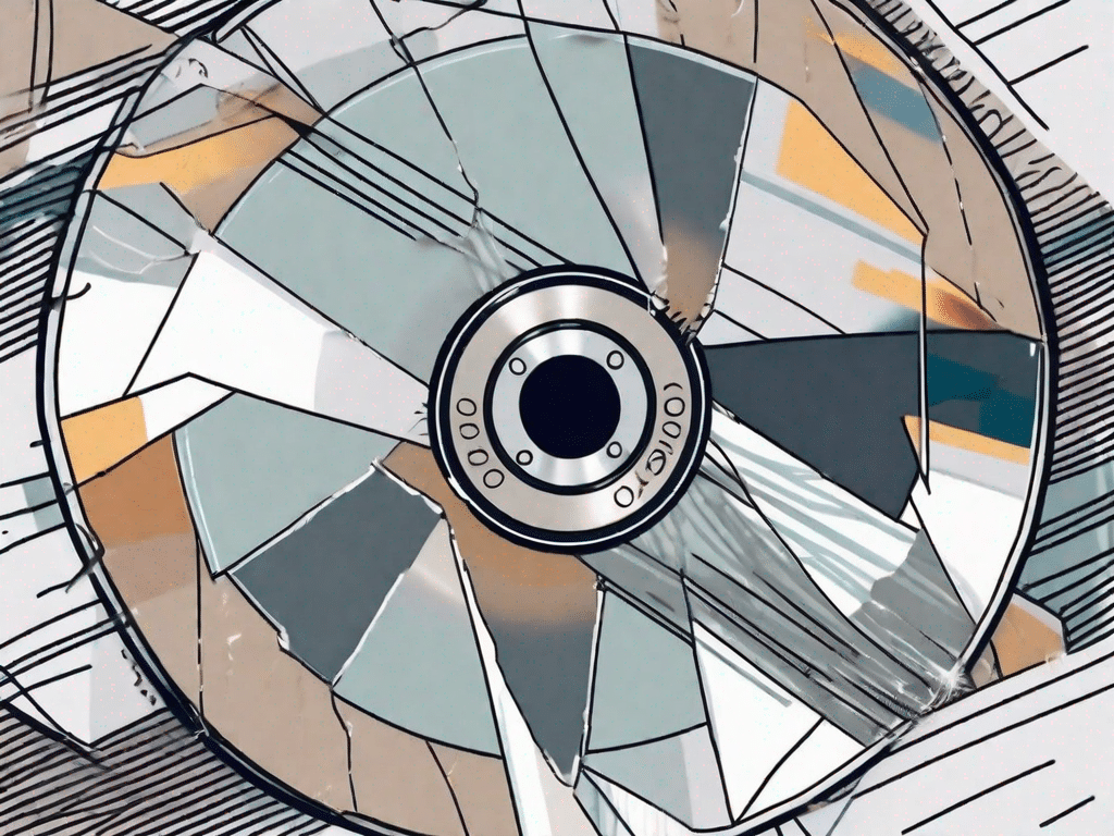 A compact disc partially broken apart to reveal a stylized