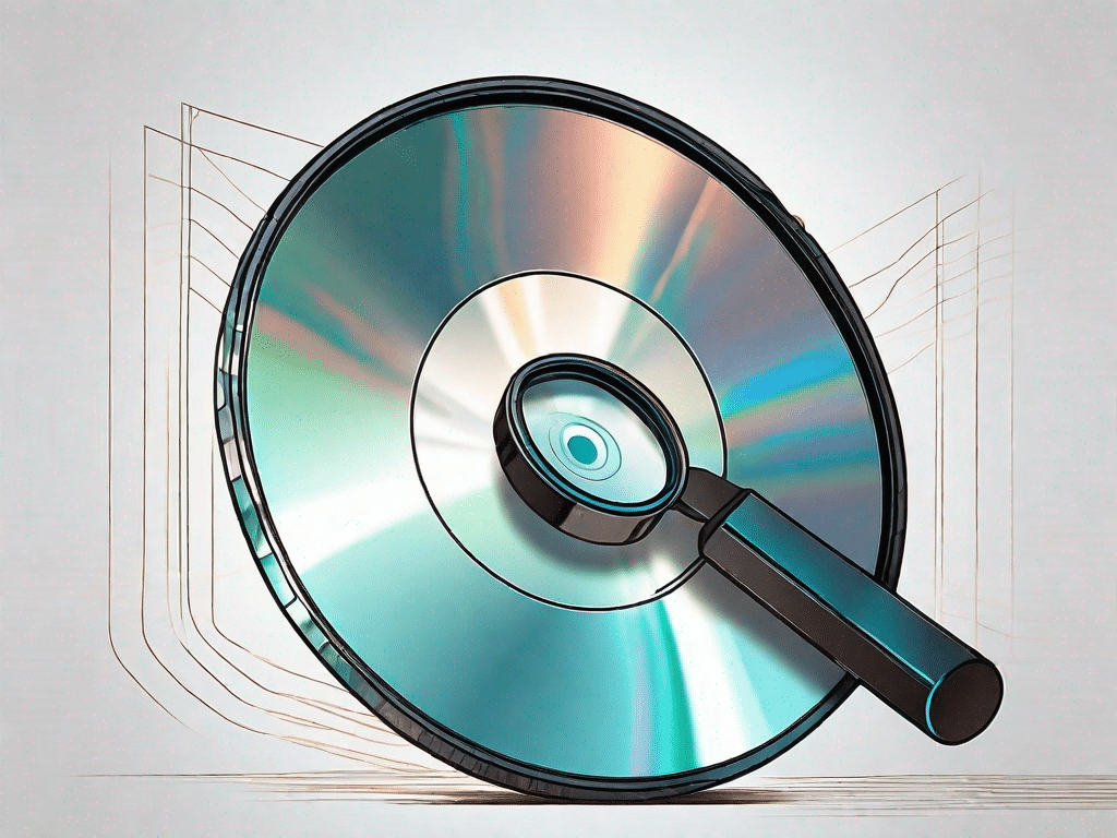 A dvd disc with a magnifying glass focusing on its surface