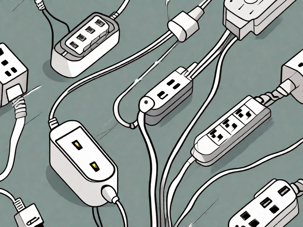 Various types of surge protectors plugged into a power strip