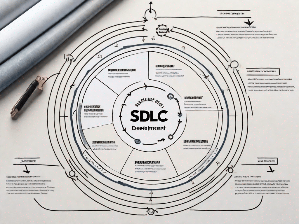 A circular flow chart depicting the key phases of the system development lifecycle (sdlc)