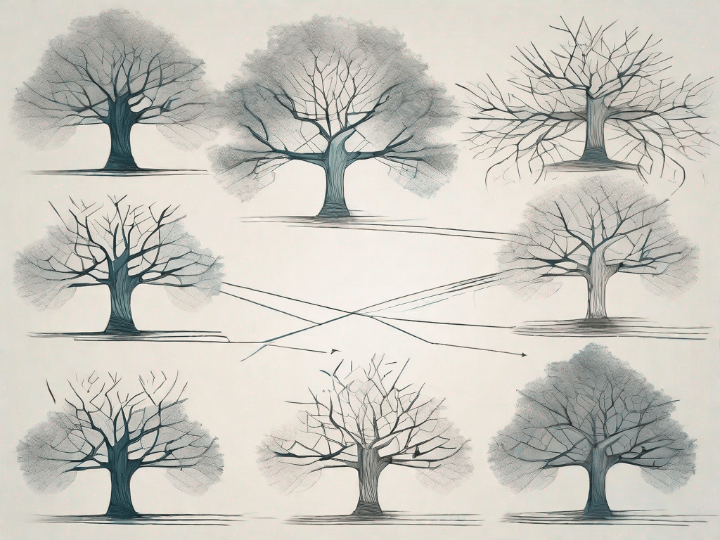 A tree structure with branches representing multiple stages of a recursive function