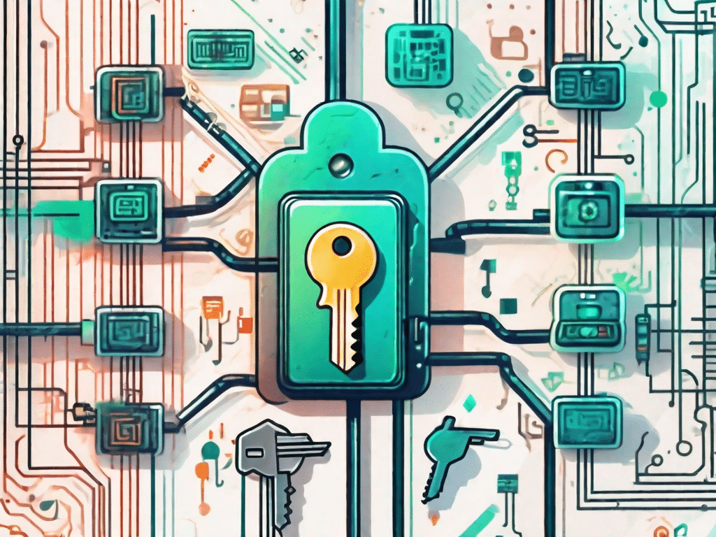 A digital lock being unlocked by a symbolic key made up of various internet and gaming symbols