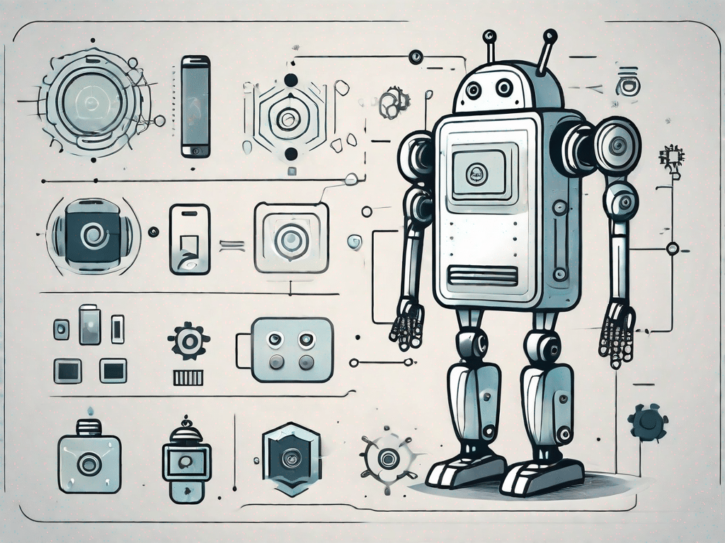 A stylized android robot interacting with various elements symbolizing key features of the android operating system