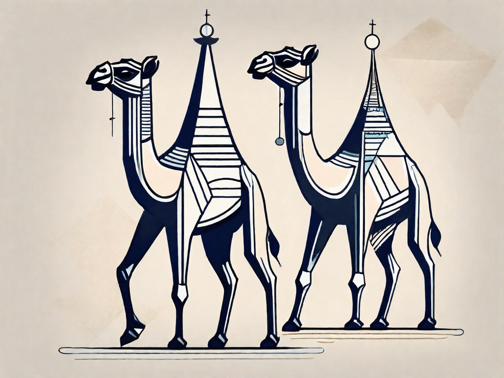 Two stylized camels and two stylized towers