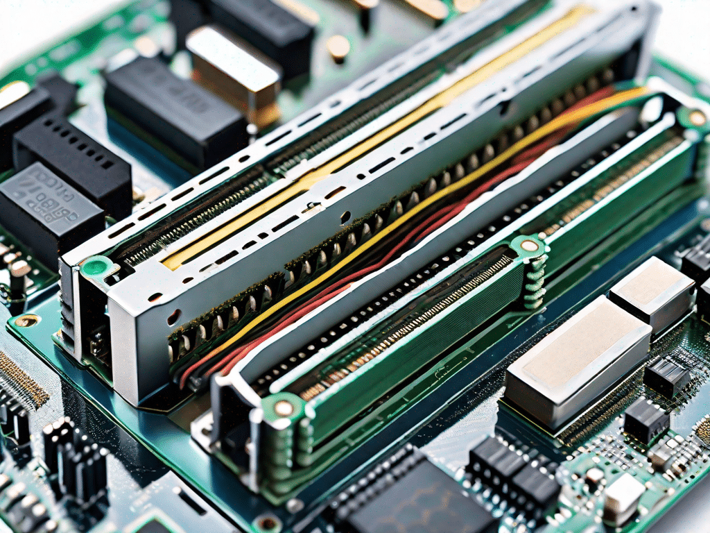 A dimm (dual in-line memory module) with a detailed close-up on its components to highlight its complexity and importance in computer systems