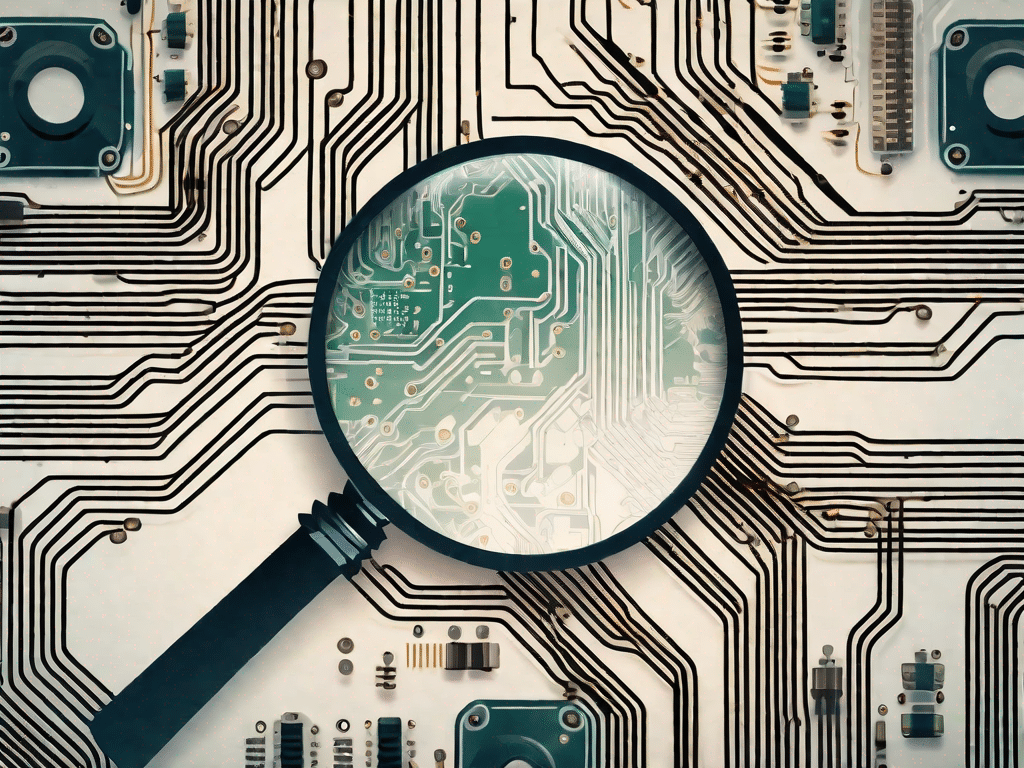 A magnifying glass hovering over a complex circuit board