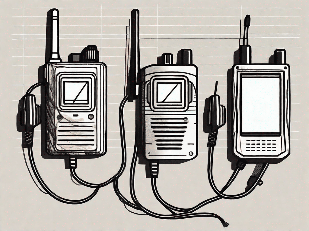 Two walkie-talkies connected by a wave signal