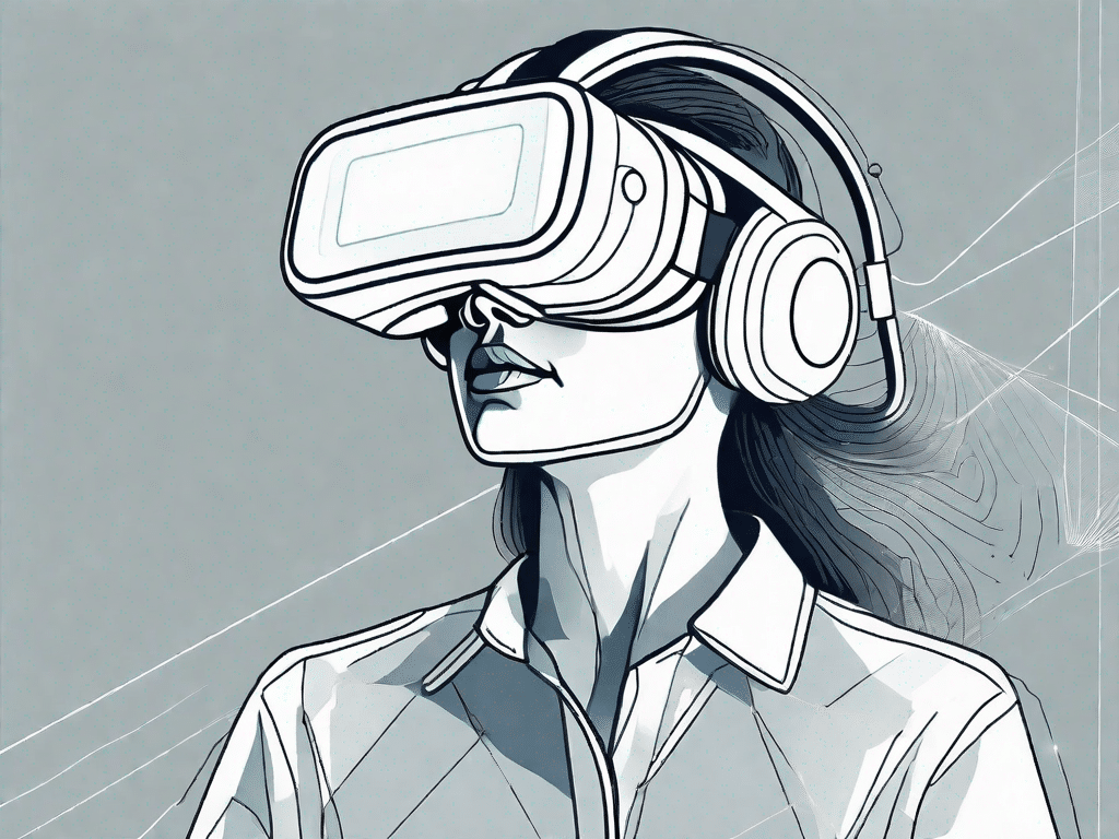 A head-mounted display with immersive virtual reality graphics radiating from it