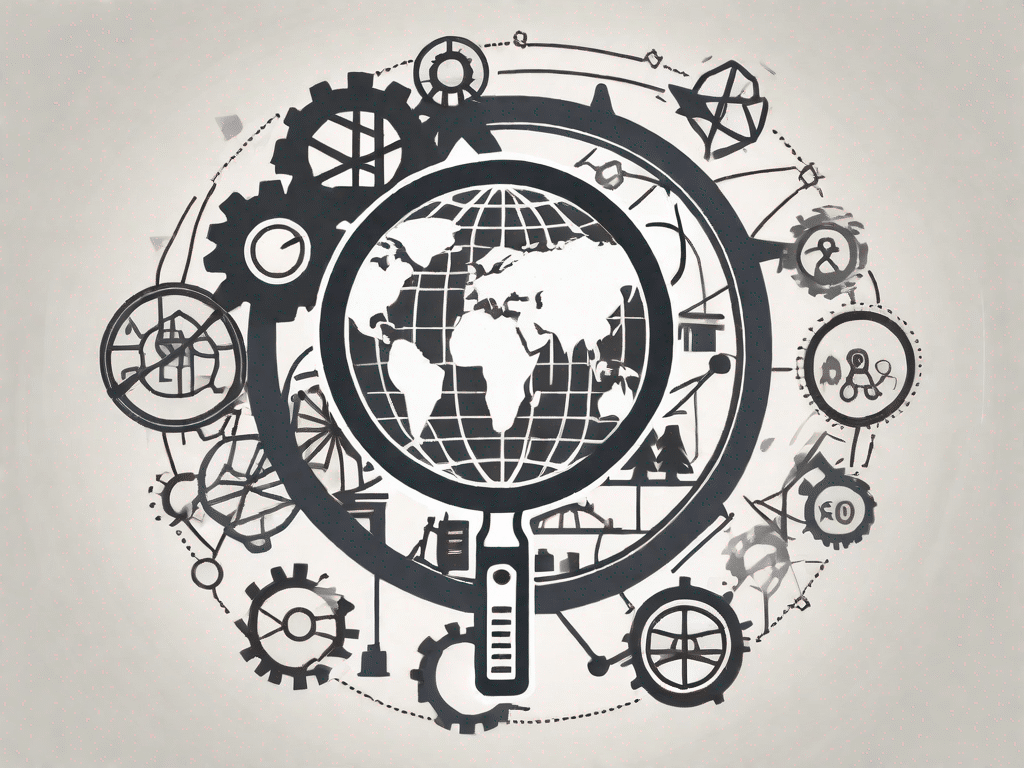 A globe encircled by various symbols representing different industries (like a gear for manufacturing
