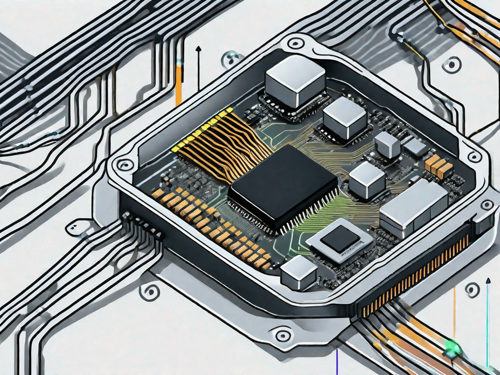 A computer motherboard with highlighted pathways indicating the process of direct memory access (dma)