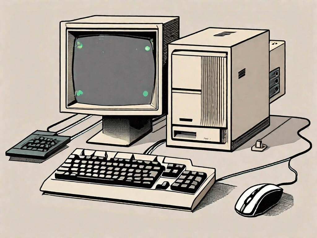 Ett vintage PS/2-datorsystem med tangentbord och mus