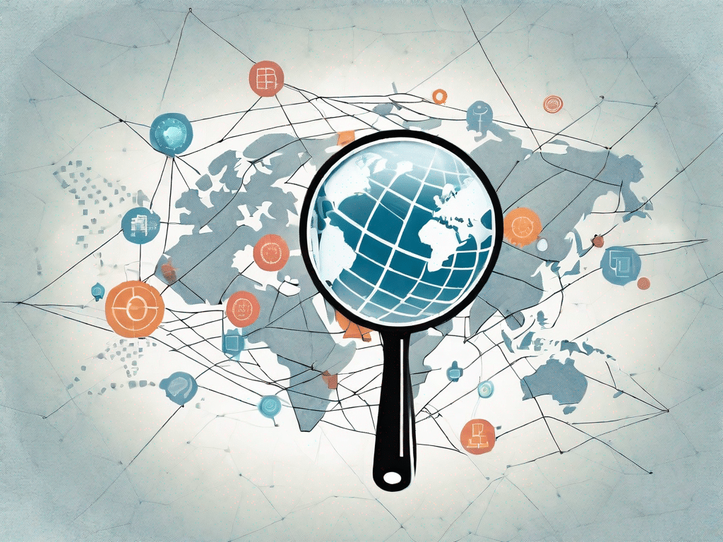 A magnifying glass hovering over a symbolic internet globe