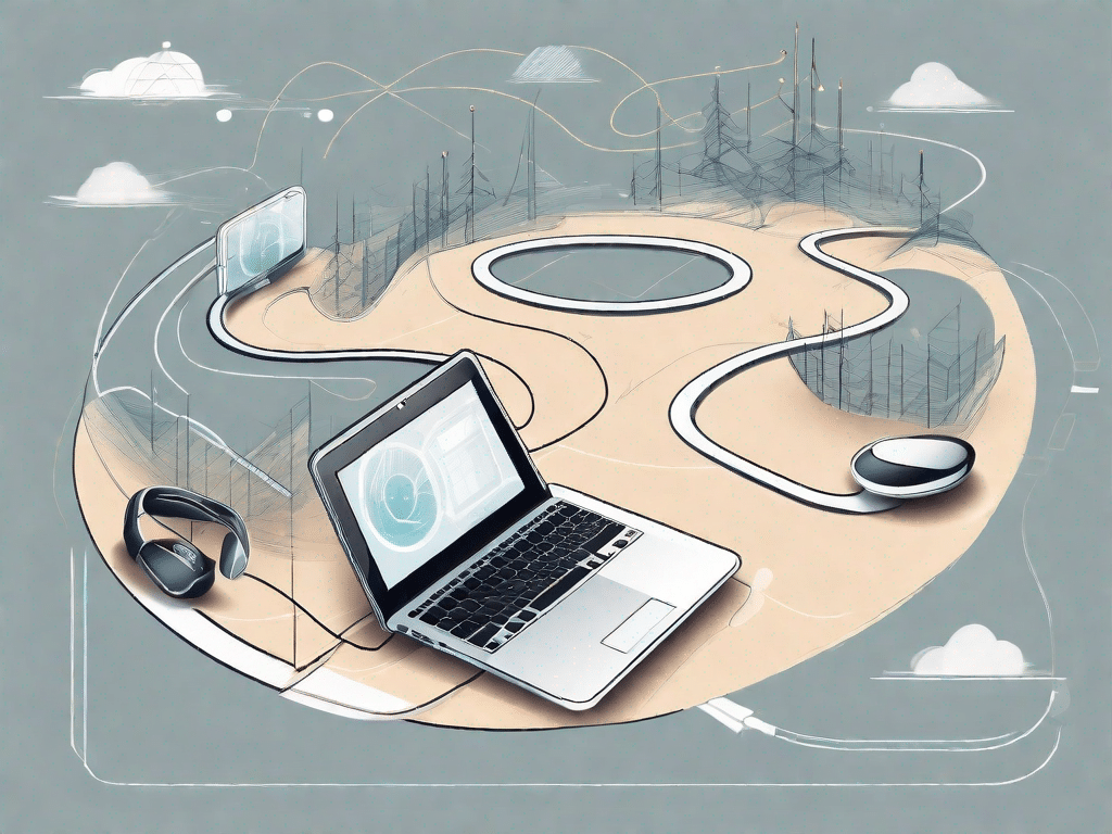 A winding path with various technological devices like a laptop