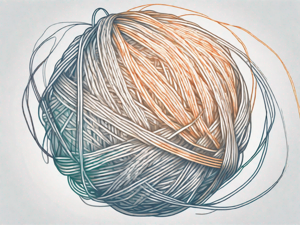 A tangled ball of yarn gradually transforming into a neatly arranged set of code lines