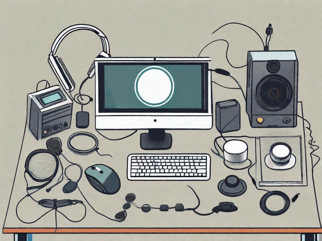 A computer on a desk surrounded by various tech gadgets like a mouse