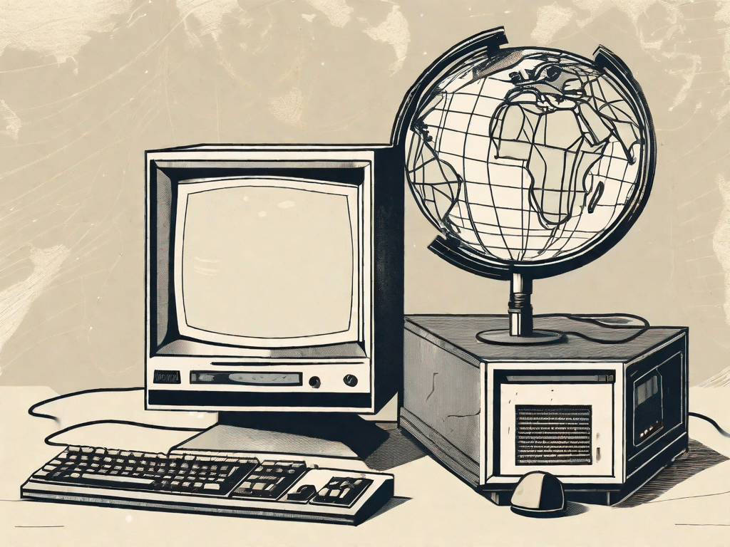 A vintage computer connected to a globe