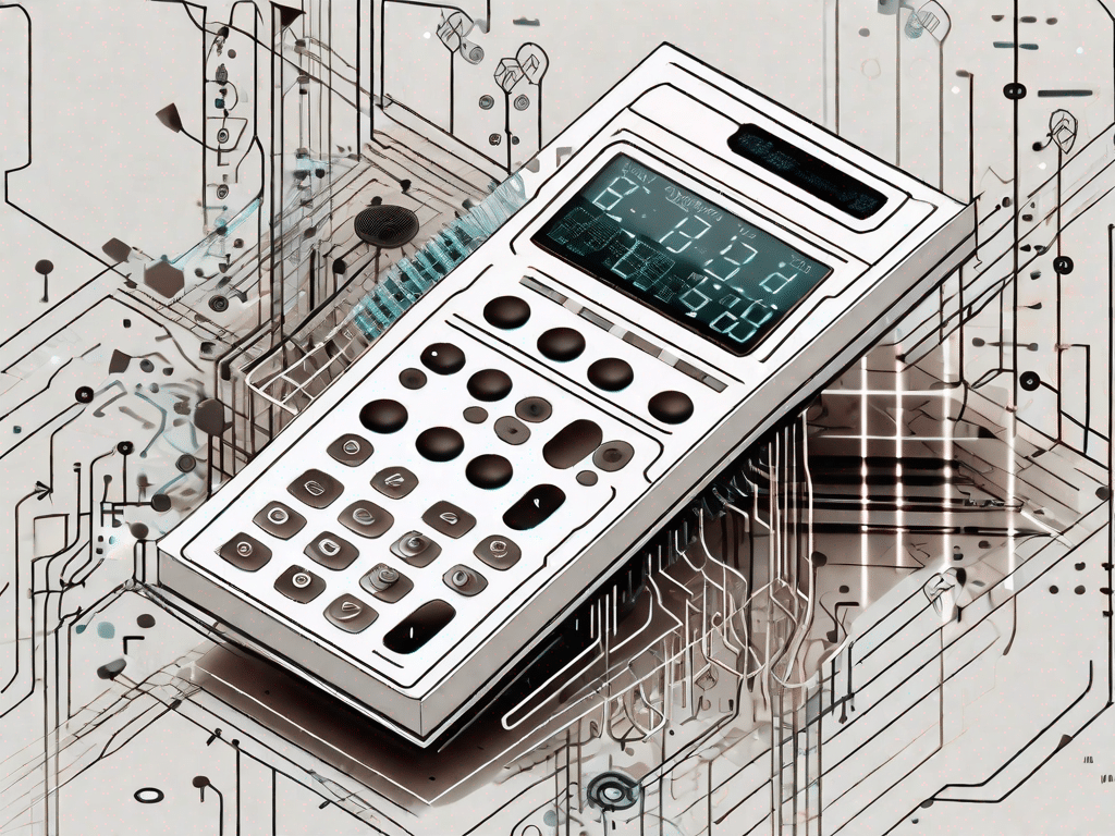 A digital calculator with floating point numbers on the screen and various mathematical symbols