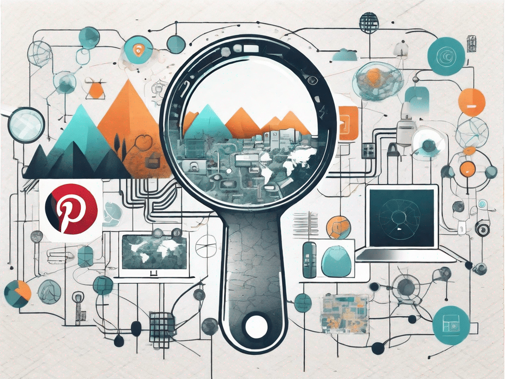 A tech-themed landscape featuring various symbolic elements such as a large magnifying glass focusing on a pinterest-style pinboard filled with different tech-related images and icons