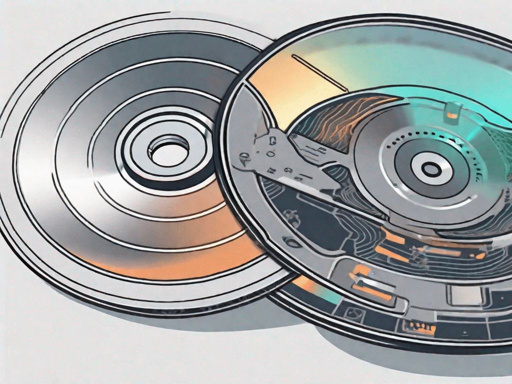 A cd-r disc with a detailed cross-section showing its different layers and components