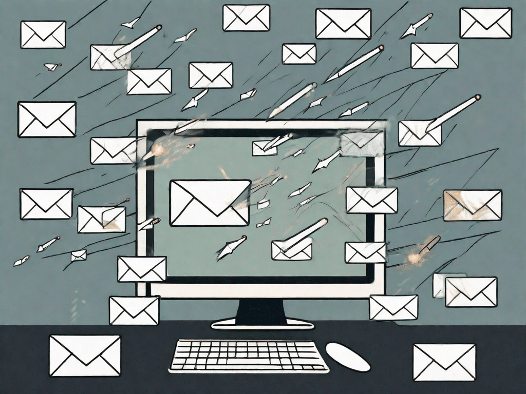 A computer screen displaying multiple email icons being launched like missiles