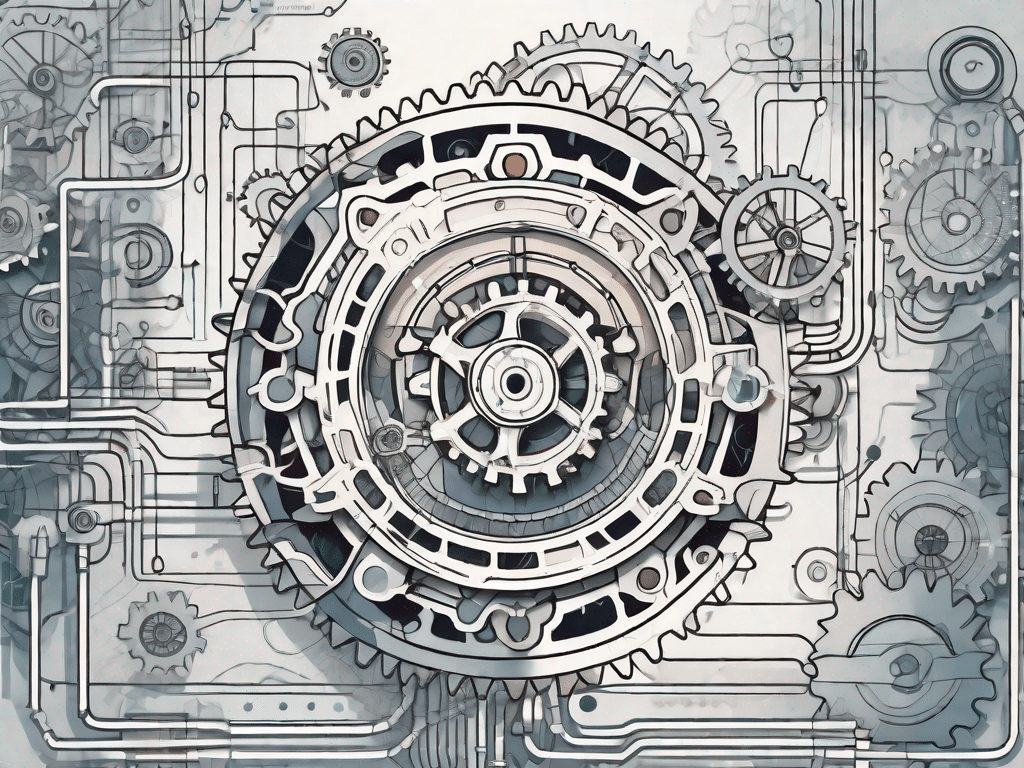 A computer system intricately connected with gears and cogs