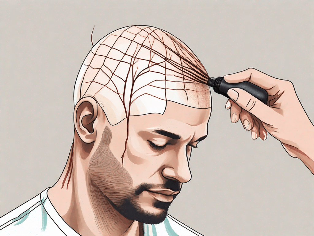 A magnified view of a scalp showing the process of micropigmentation
