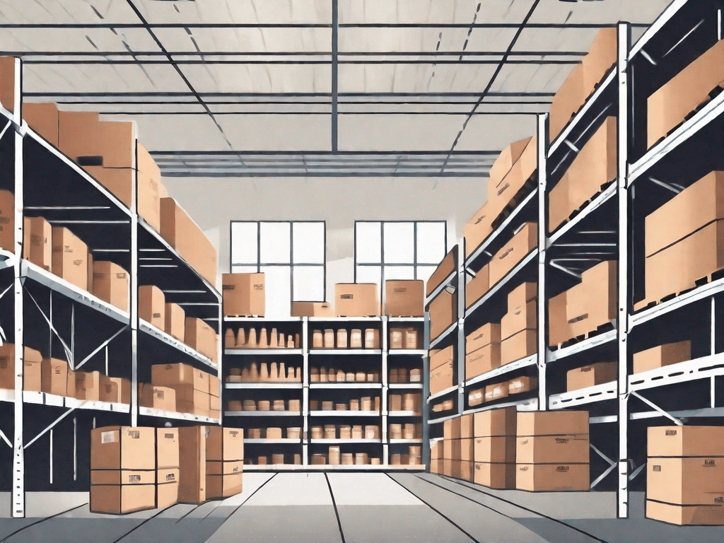 A warehouse with organized shelves filled with various items