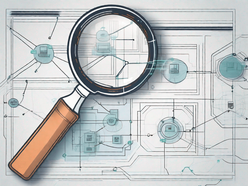 A magnifying glass hovering over a schematic of a website's layout