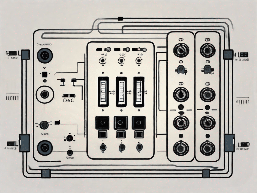 Un DAC (convertisseur numérique-analogique) avec des symboles représentant l'entrée numérique et la sortie analogique