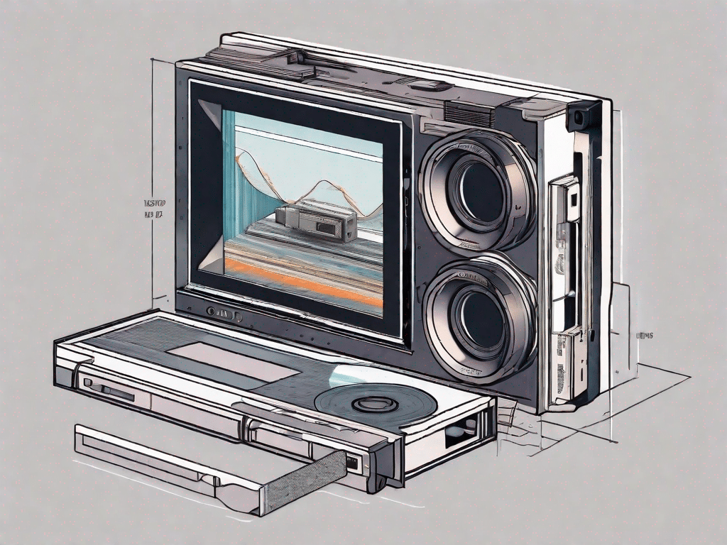A dv video cassette tape with a detailed cross-section view showing its internal components